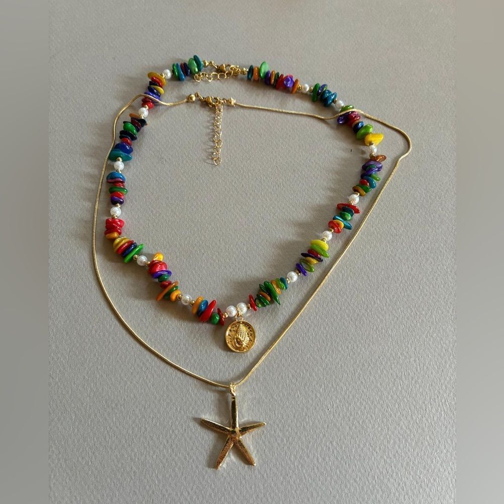 Gold starfish Colorful Beaded Necklace M559 - Picture 4 of 4